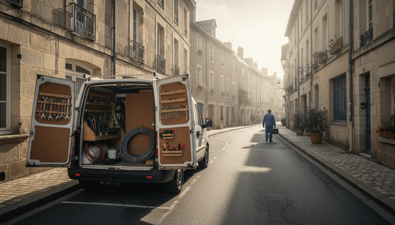 Camionnette de plombier garée rue calme à Verdun