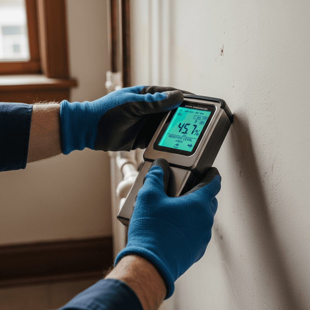Plumber using a leak detection tool on a bathroom wall