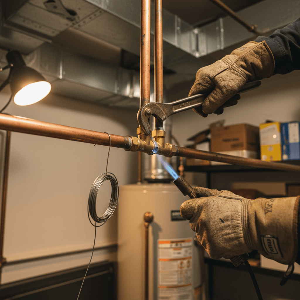 New water heater being installed in a basement